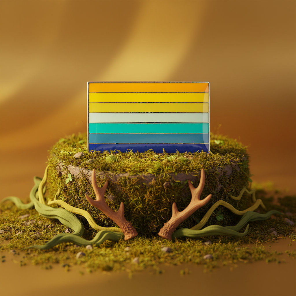 Genderfaun pride flag enamel pin displayed upright on moss with antler decorations