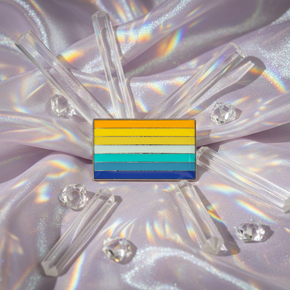 Genderfaun pride flag enamel pin on iridescent fabric with clear crystals and rods