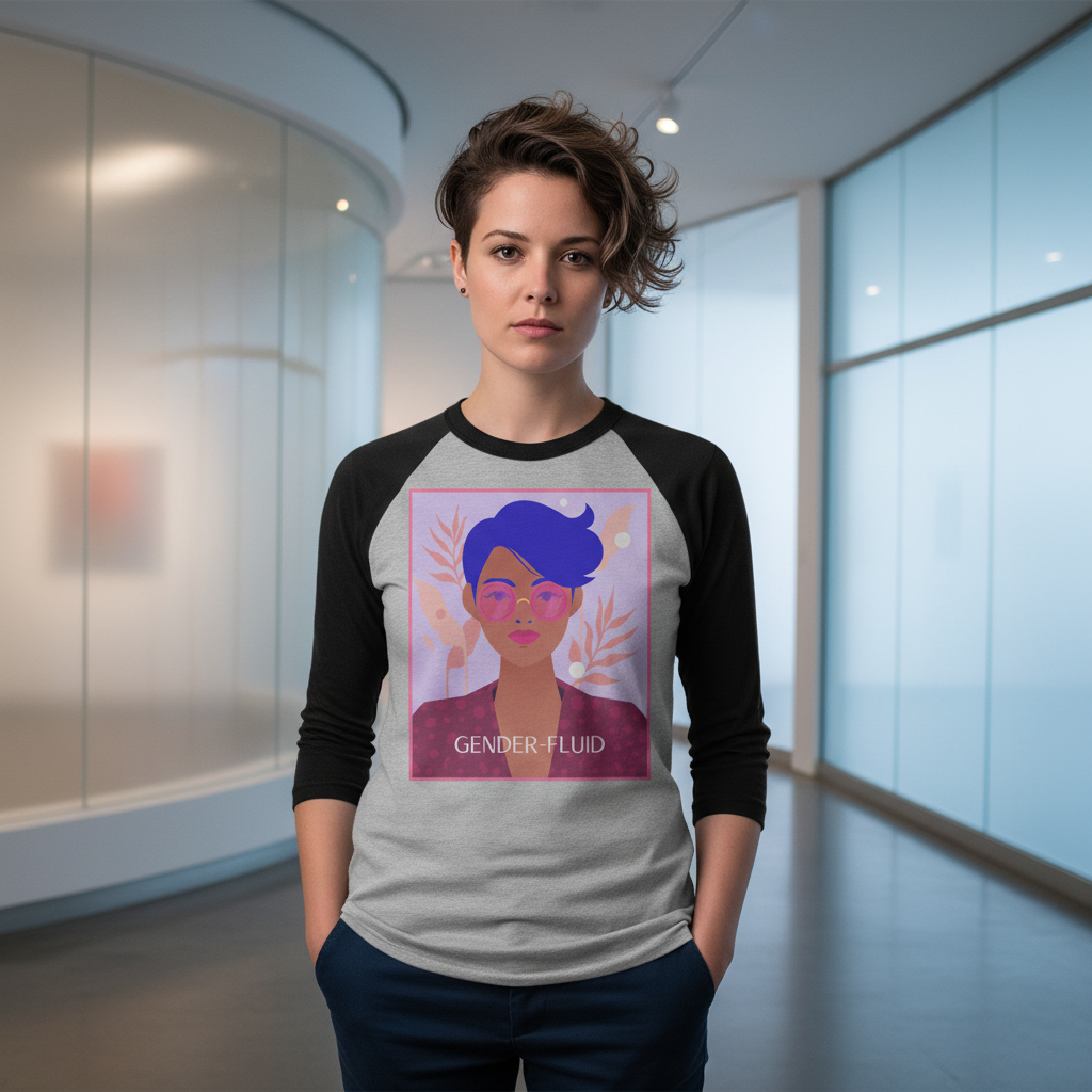 Gender-Fluid 3/4 Sleeve Raglan Shirt with an androgynous face graphic and "Gender-Fluid" text