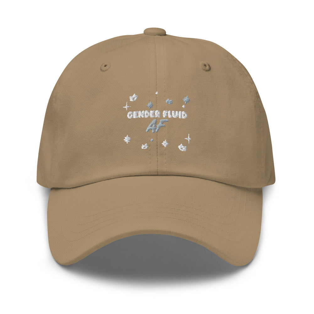 Tan dad hat with light blue "GENDER FLUID AF" text, white embroidered stars, stitched brim, and crown vent holes
