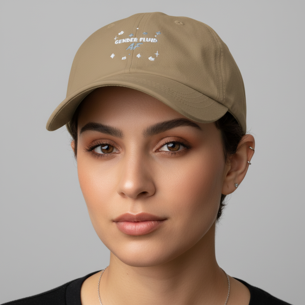 Tan Gender Fluid AF Cap with white and blue "Gender Fluid" and star embroidery