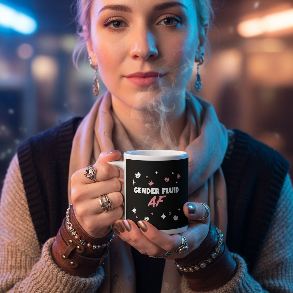 Person holds a black mug reading “GENDER FLUID AF,” with stars and cat faces