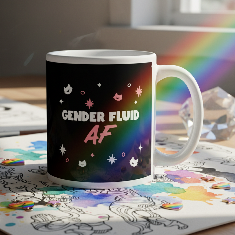 White mug reading “GENDER FLUID AF,” with cats, stars, and a rainbow reflection