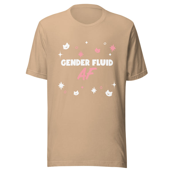 Front view of a tan T-shirt reading “GENDER FLUID AF” with pink and white cat-and-star graphics