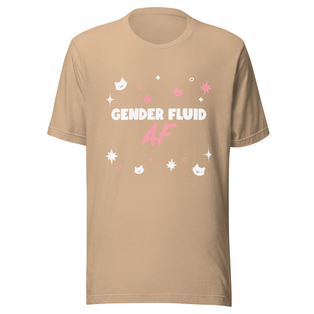 Front view of a tan T-shirt reading “GENDER FLUID AF” with pink and white cat-and-star graphics