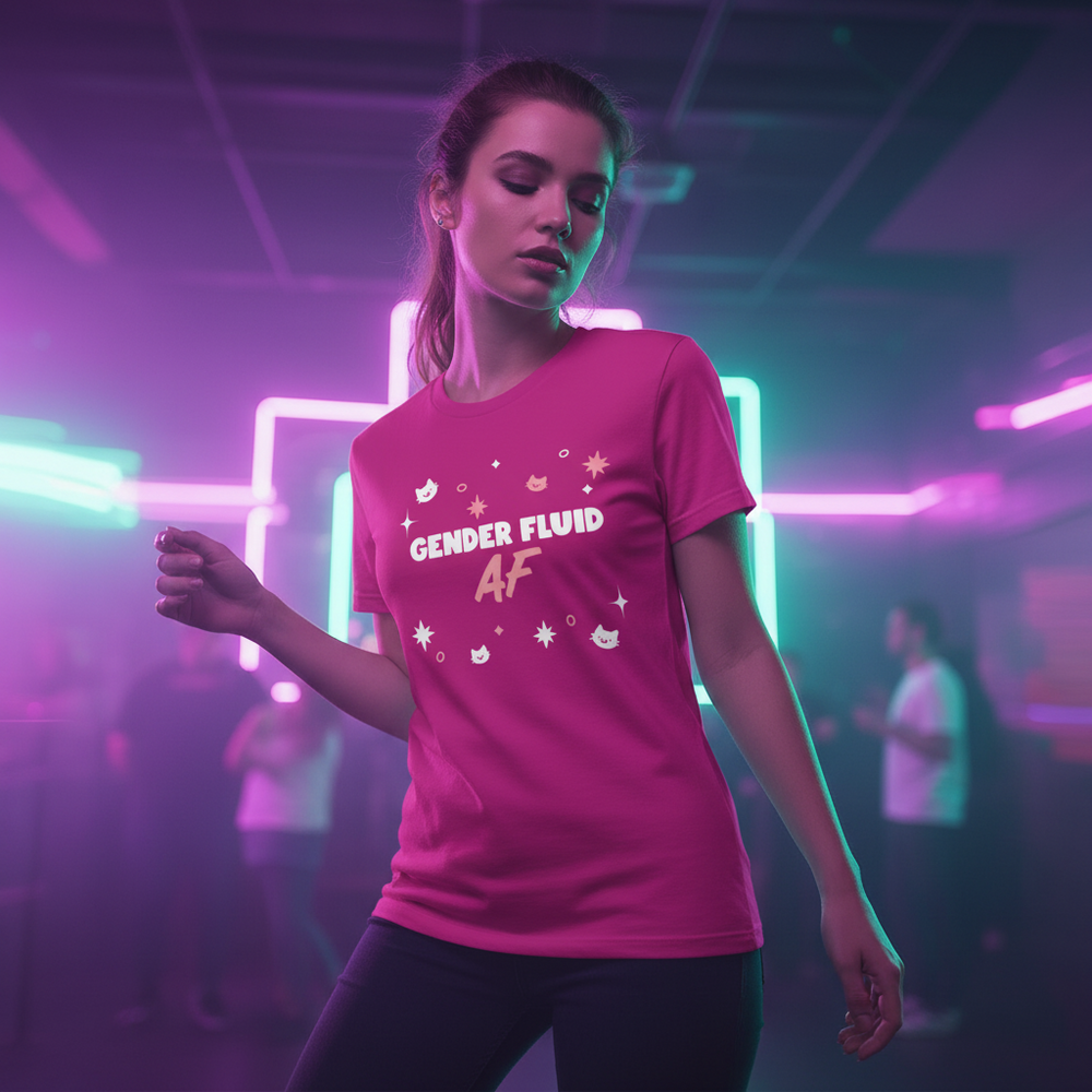 Gender Fluid AF T-shirt with stars and moons rocks a neon-lit queer club, purple and blue lights glowing