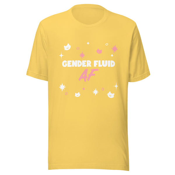 Front view of a yellow T-shirt reading “GENDER FLUID AF” with pink and white cat and star graphics