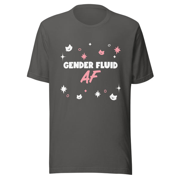 Front view of a charcoal T-shirt reading “GENDER FLUID AF” with pink and white cat and star graphics