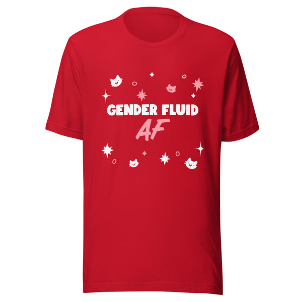Front view of a red T-shirt reading “GENDER FLUID AF,” with cats and starbursts