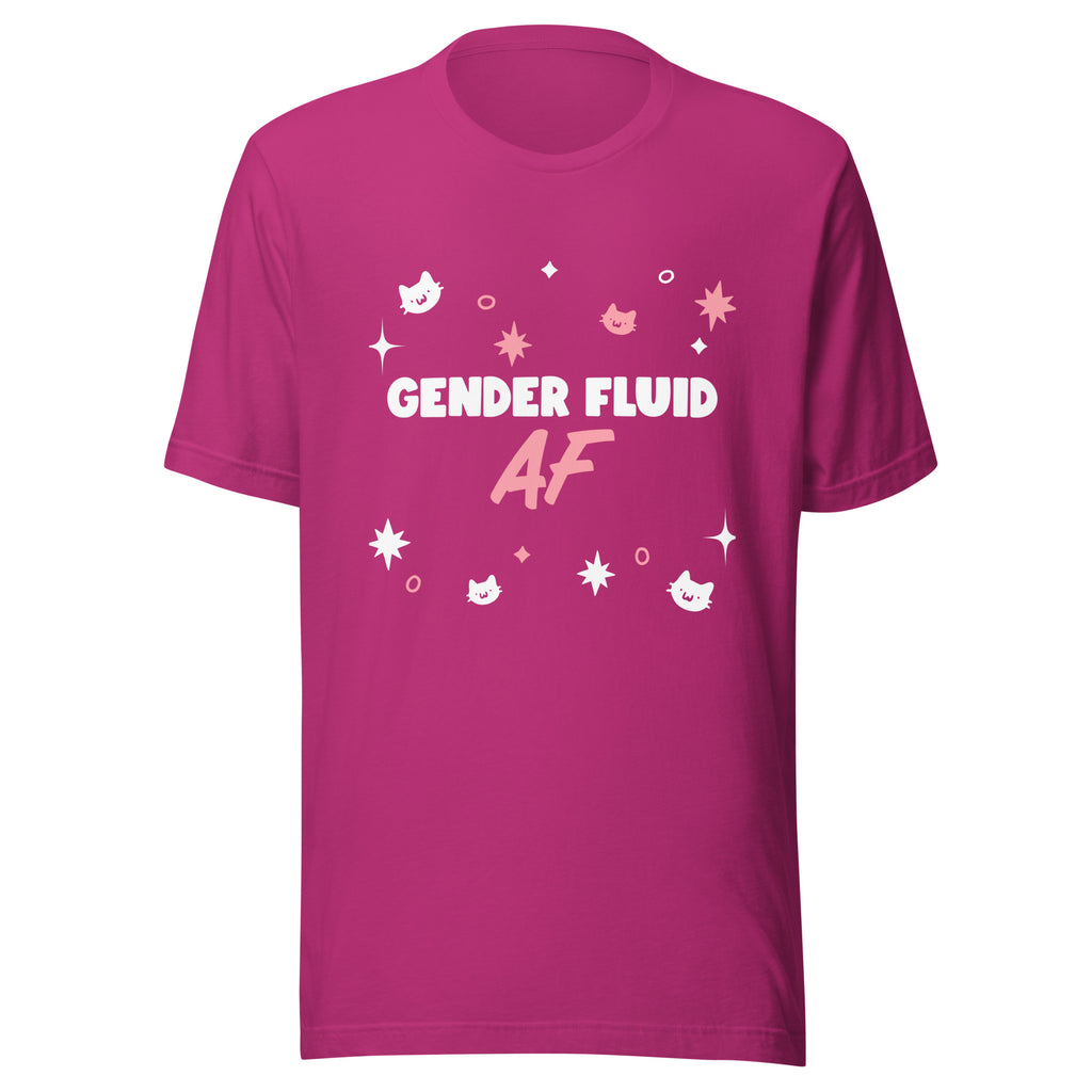 Front view of a fuchsia T-shirt reading “GENDER FLUID AF,” with cat and star doodles