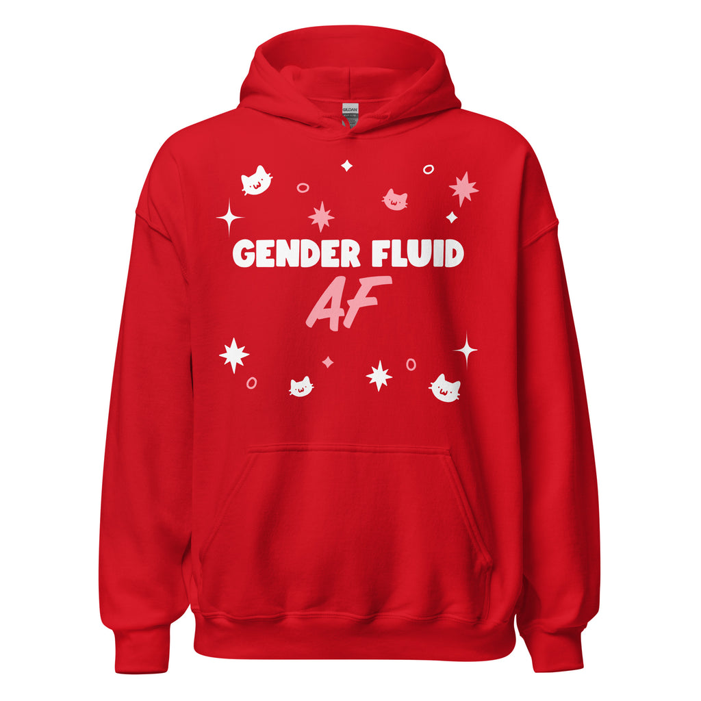 Front view of a red hoodie with white and pink “GENDER FLUID AF” text and cat graphics