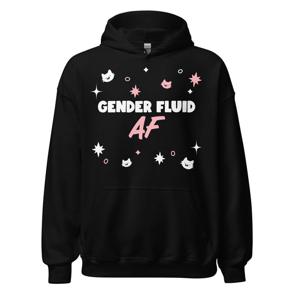 Front view of a black pullover hoodie reading “GENDER FLUID AF” with cat faces and stars