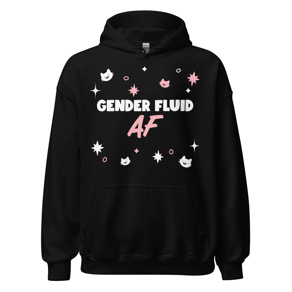 Front view of a black pullover hoodie reading “GENDER FLUID AF” with cat faces and stars