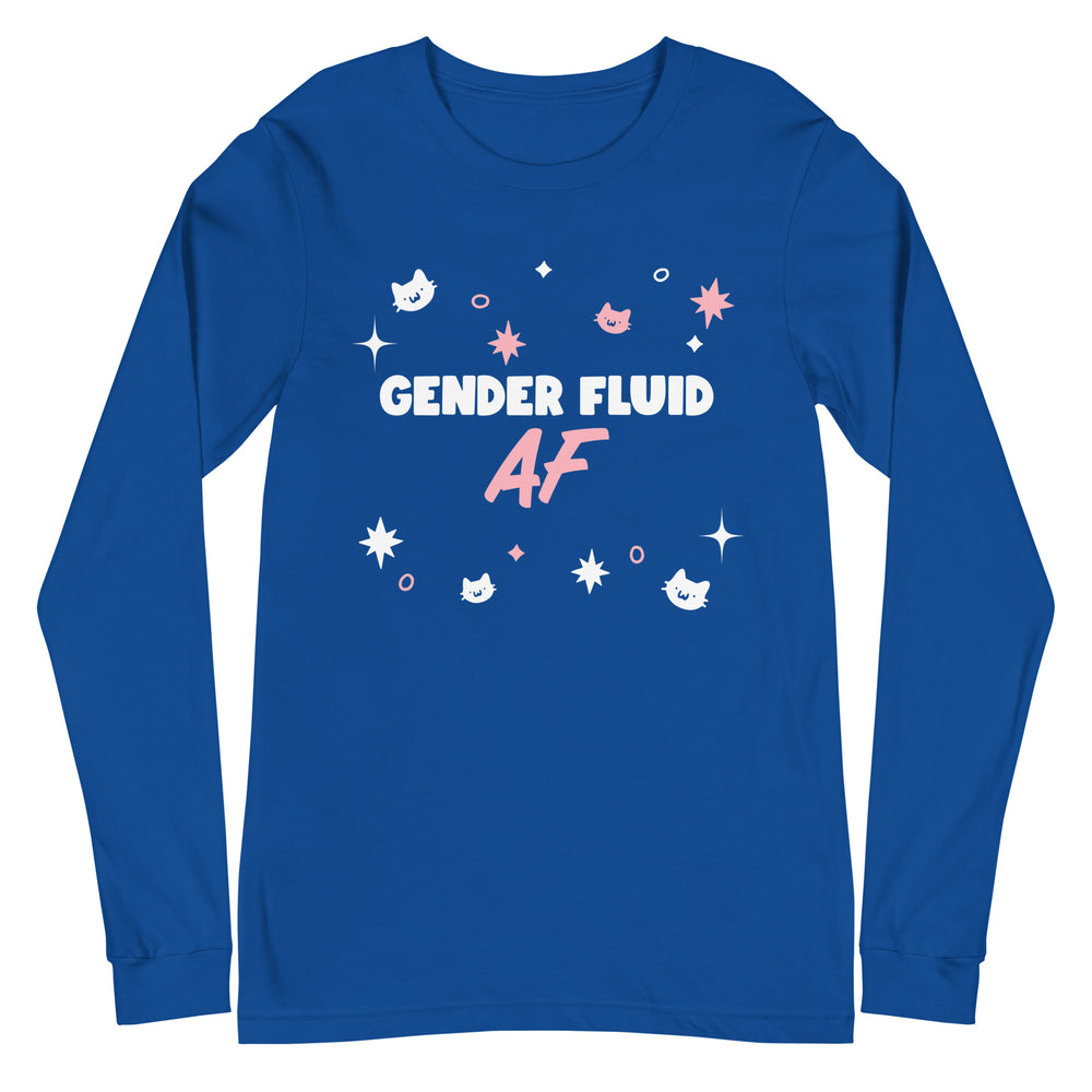 Unisex long sleeve T-shirt in royal blue features "GENDER FLUID AF" in bold white and pink, with playful faces, stars