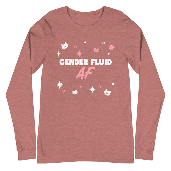 Unisex mauve long sleeve tee with “GENDER FLUID AF” in white and pink, plus cat faces, stars, dots