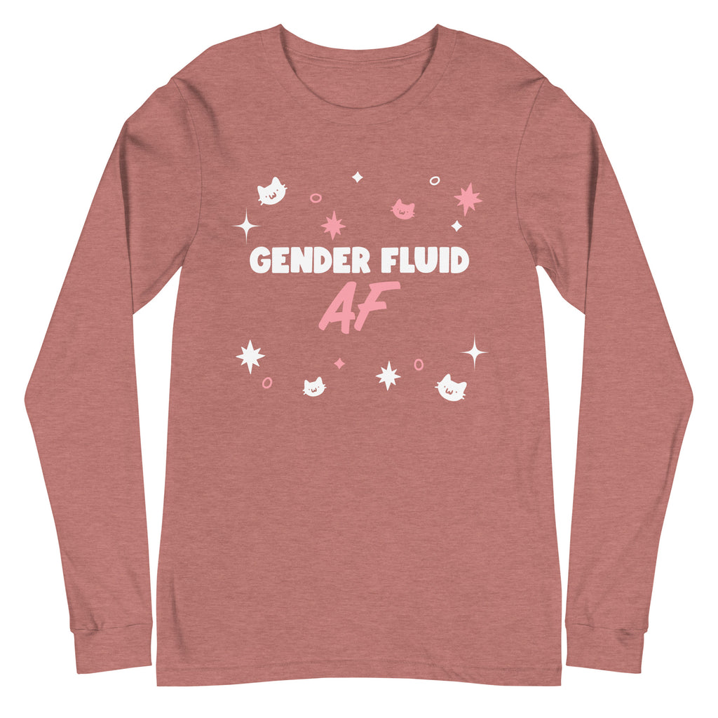 Unisex mauve long sleeve tee with “GENDER FLUID AF” in white and pink, plus cat faces, stars, dots