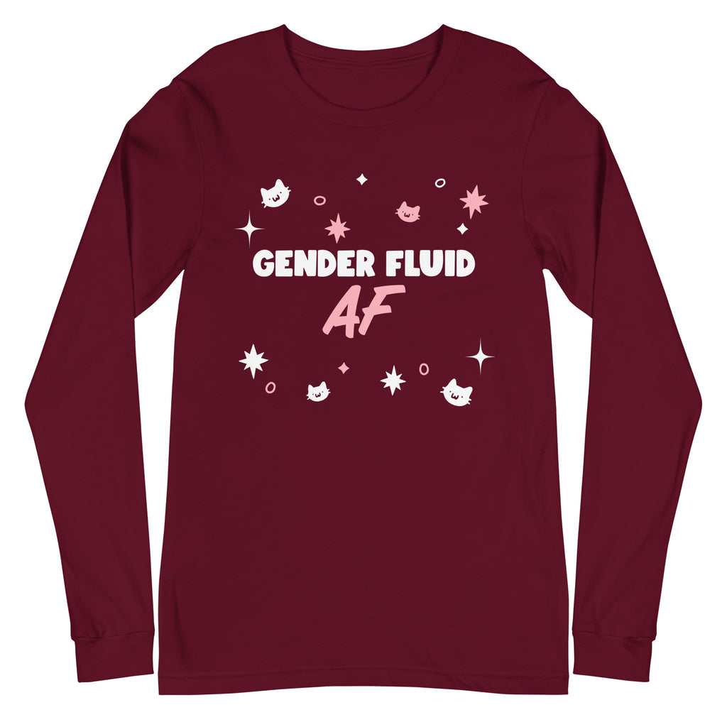 Unisex maroon long sleeve tee, crew neck, with white and pink "Gender Fluid AF" text, kawaii cat faces, stars, and rings.