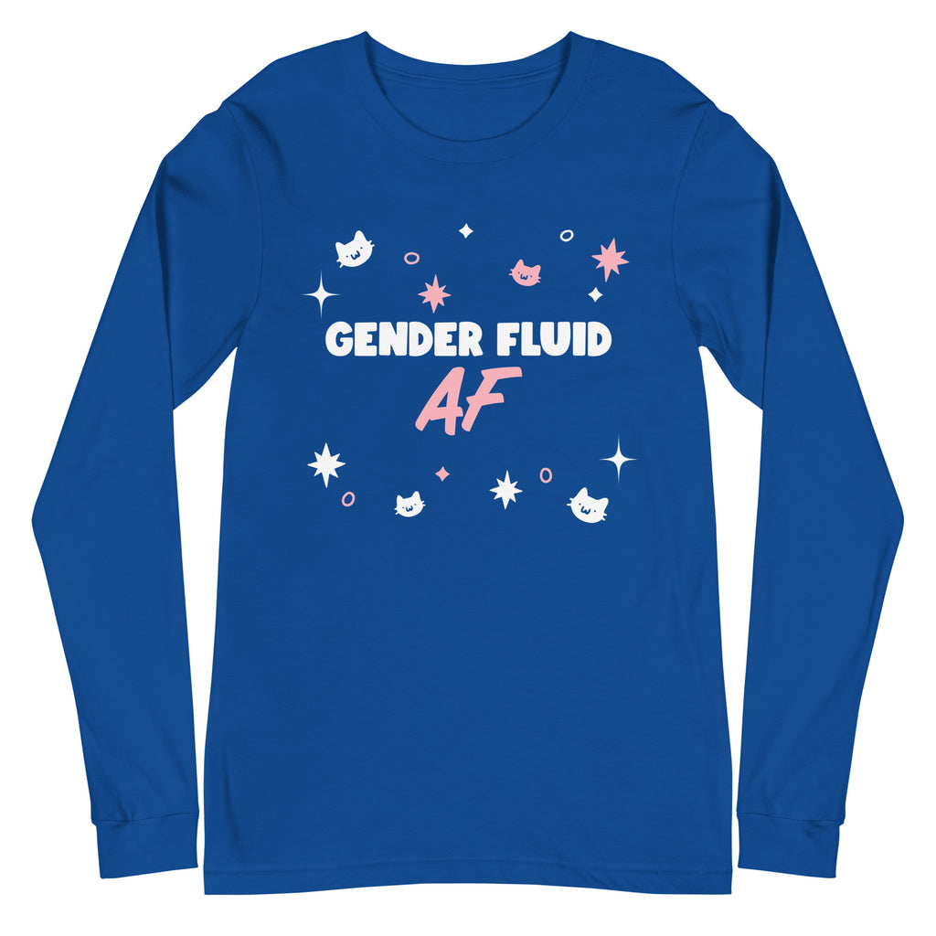 Unisex long sleeve T-shirt in royal blue features "GENDER FLUID AF" in bold white and pink, with playful faces, stars