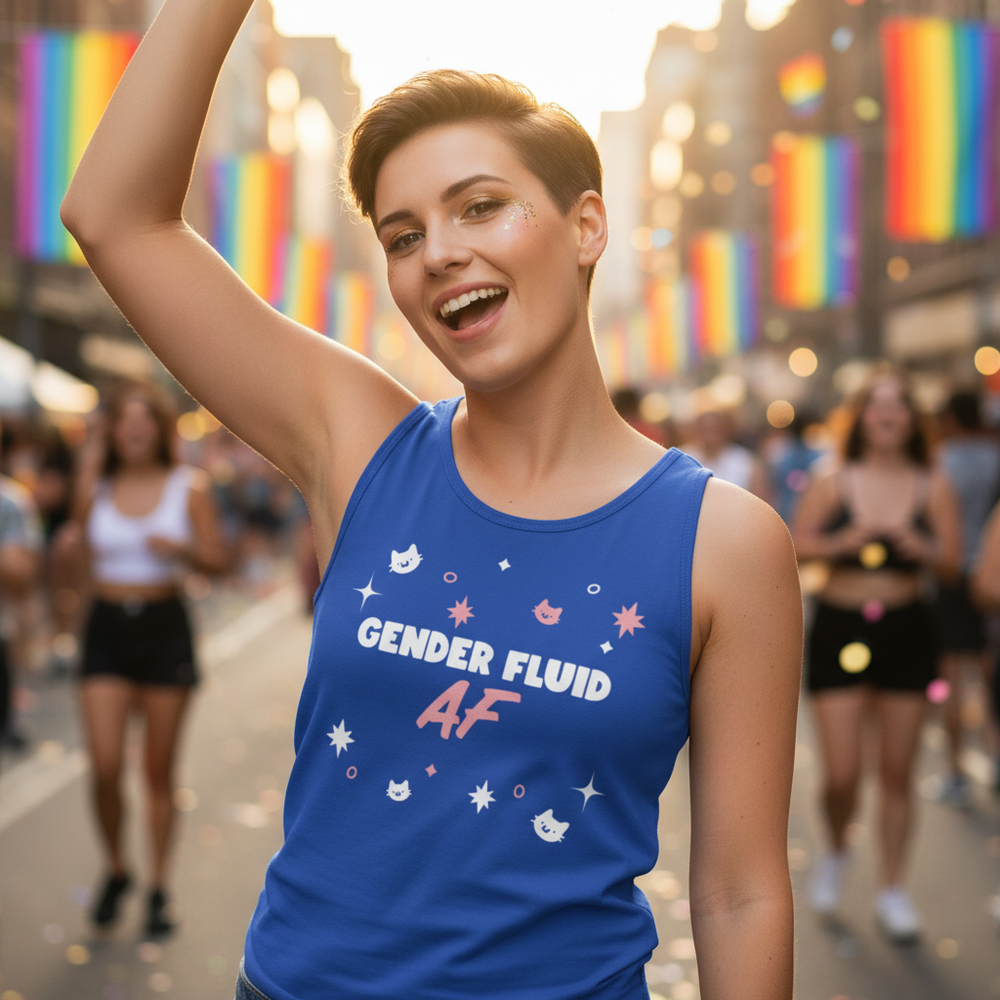 A vibrant scene featuring a smiling individual in a royal-blue GENDER FLUID AF tank top