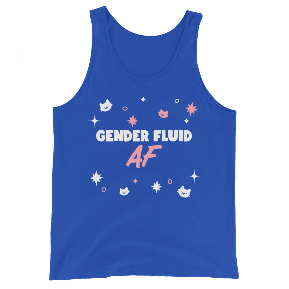 Unisex tank top with “GENDER FLUID AF” in bold white and pink, framed by stars, circles, and cute smiling cat faces