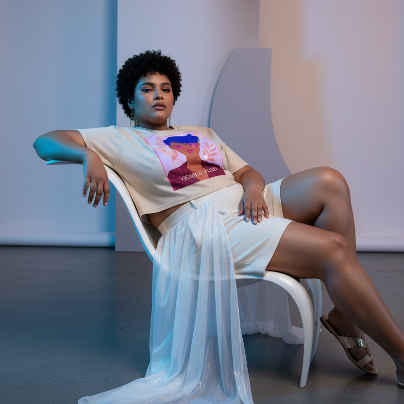 Model seated in a beige crop top with a colorful gender-fluid portrait graphic