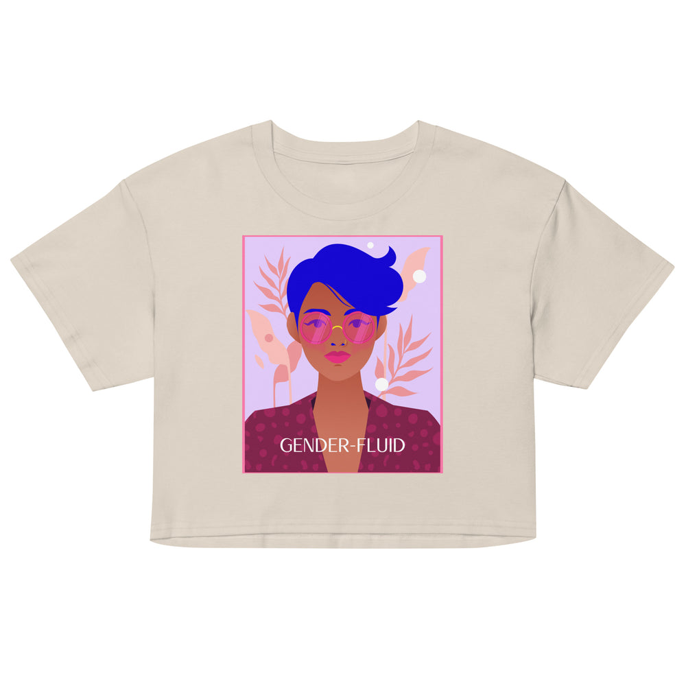 Front view of a beige crop top with a colorful portrait graphic and “GENDER-FLUID” text