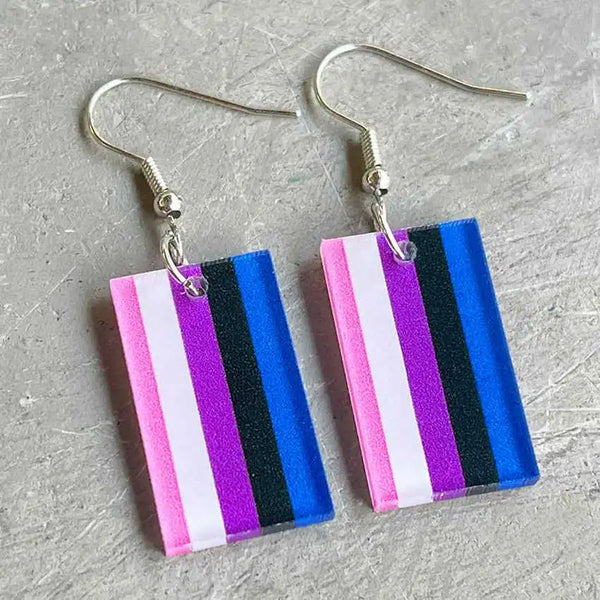 Pair of rectangular genderfluid flag dangle earrings on a gray textured surface