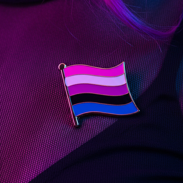 Genderfluid pride flag enamel pin with pink, white, purple, black, and blue stripes