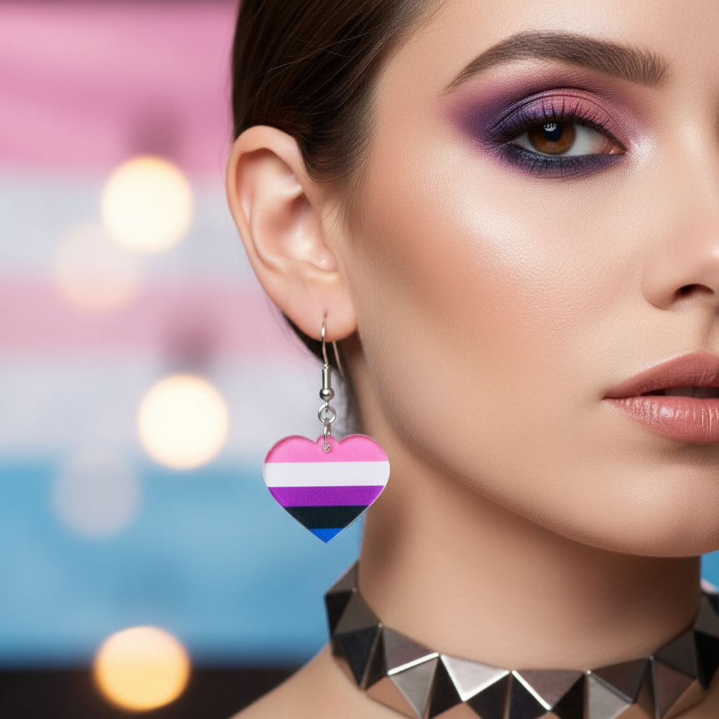 Close-up model view of a heart-shaped pink, white, purple, black, and blue striped dangle earring