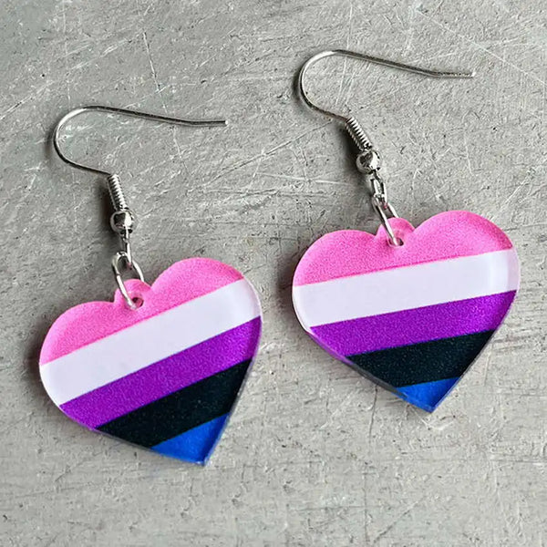 Pair of heart-shaped acrylic dangle earrings with pink, white, purple, black, and blue stripes