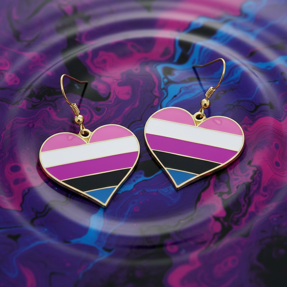 Genderfluid pride heart earrings with pink, white, purple, black, and blue stripes