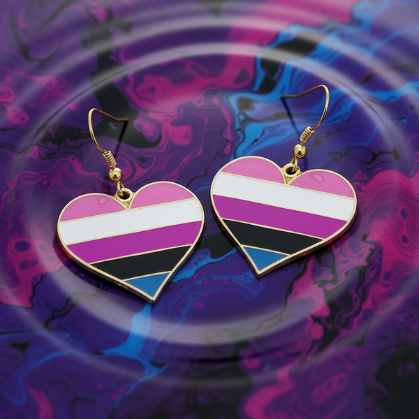 Genderfluid pride heart earrings with pink, white, purple, black, and blue stripes