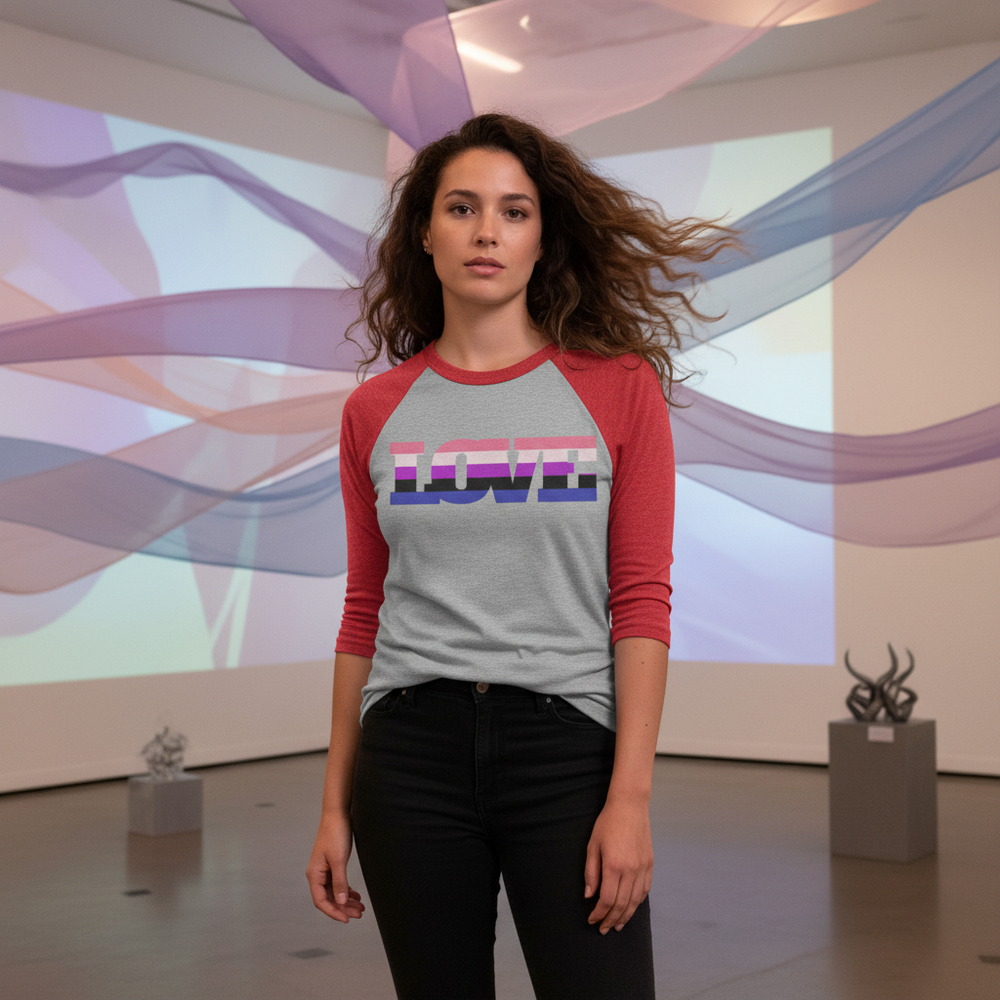 Genderfluid Love 3/4 Sleeve Raglan Shirt, worn by a person with wavy brown hair in a pastel art gallery