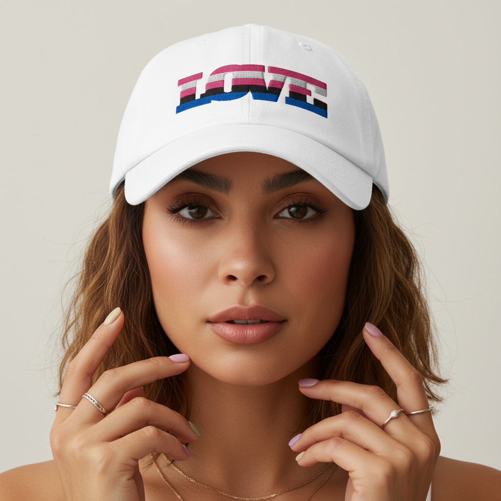 Genderfluid Love Cap, a white hat with "LOVE" stitched in rainbow stripes; model flaunts rings, painted nails, gray backdrop