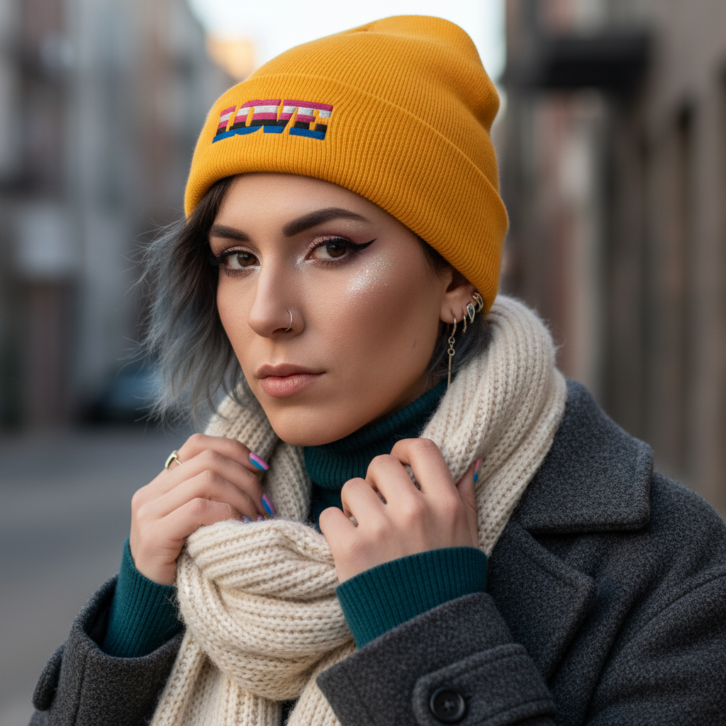 Yellow Genderfluid Love Cuffed Beanie with rainbow "LOVE" patch, worn by person with dark hair, teal turtleneck