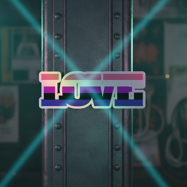 Genderfluid Love holographic stickers with “LOVE” in bold modern font, pastel rainbow fade
