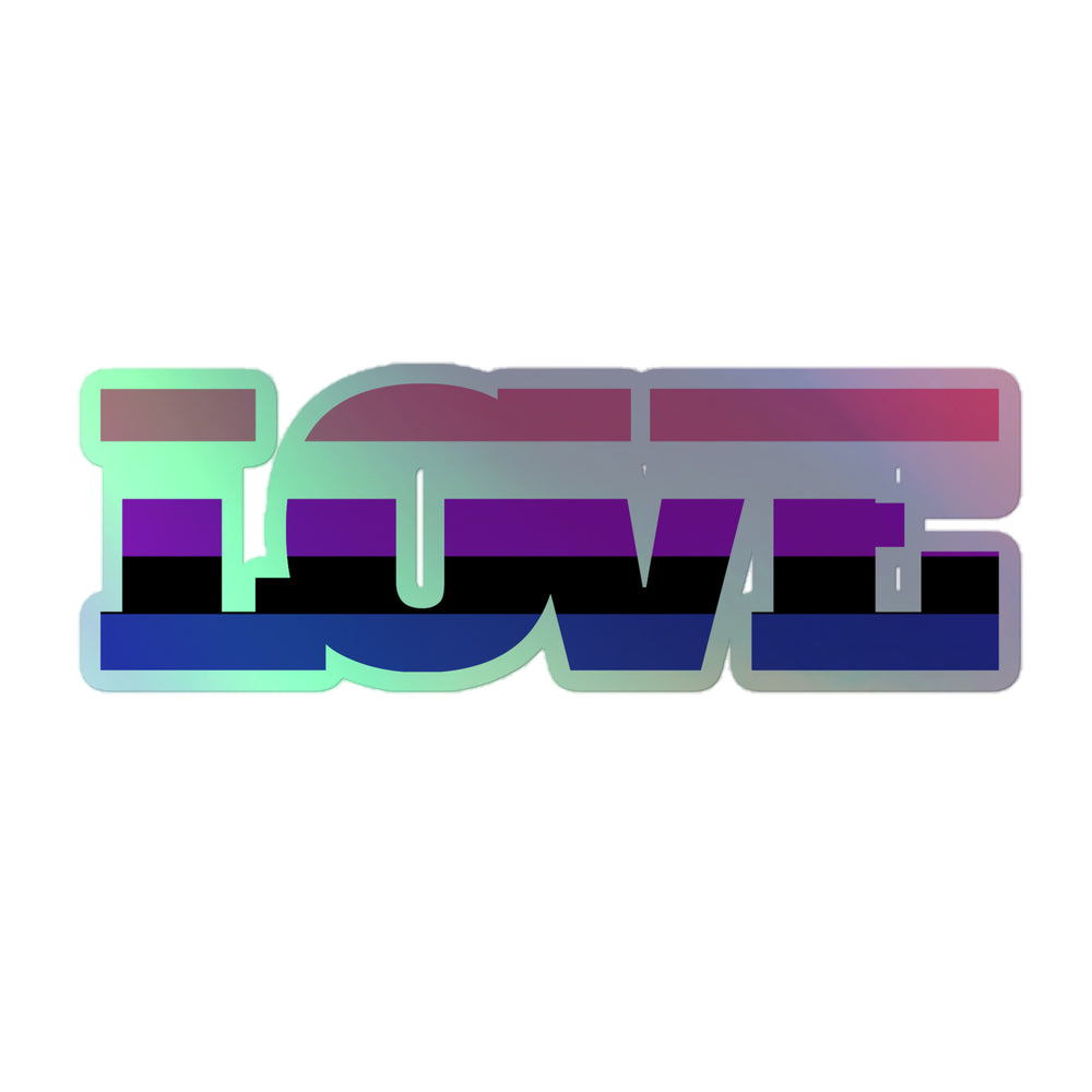 Holographic sticker spelling LOVE in horizontal purple, black, and blue stripes