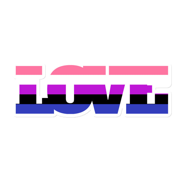 Close-up of a LOVE magnet in pink, purple, black, and blue horizontal stripes