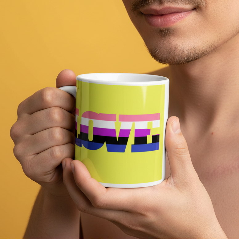 Chartreuse mug held in both hands, with LOVE in pink, white, purple, black, and blue stripes