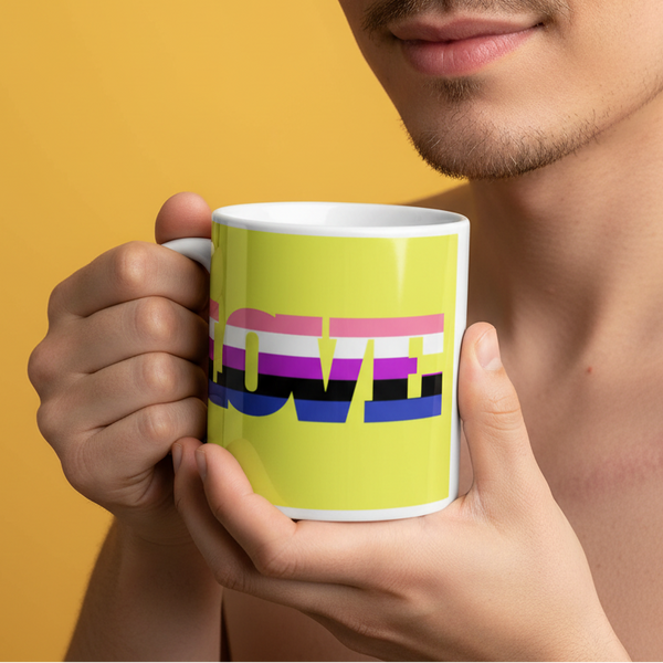 Chartreuse mug held in both hands, with LOVE in pink, white, purple, black, and blue stripes