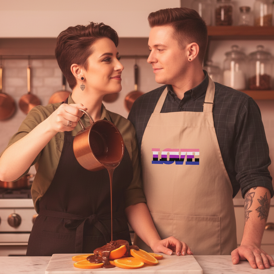 Person wearing a tan LOVE apron stands beside a cook pouring chocolate over oranges