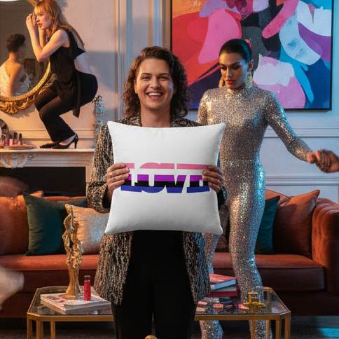 Smiling person holds a white pillow reading “LOVE” in pink, purple, and blue stripes