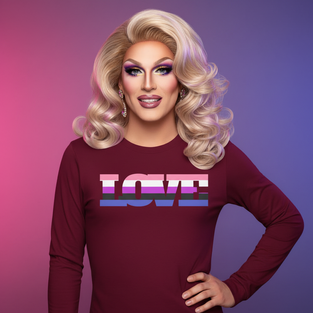 Genderfluid Love unisex maroon long sleeve tee reads “LOVE” in bright transgender flag colors
