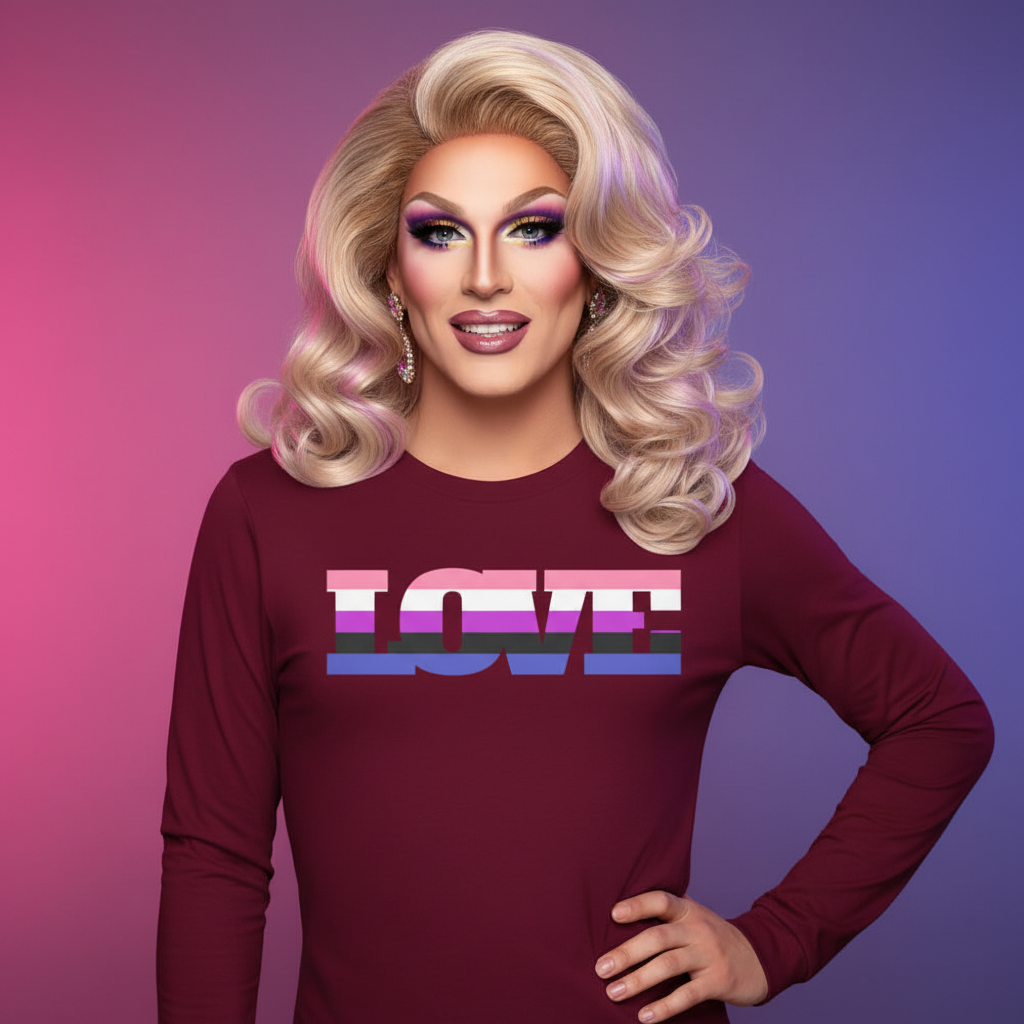 Genderfluid Love unisex maroon long sleeve tee reads “LOVE” in bright transgender flag colors