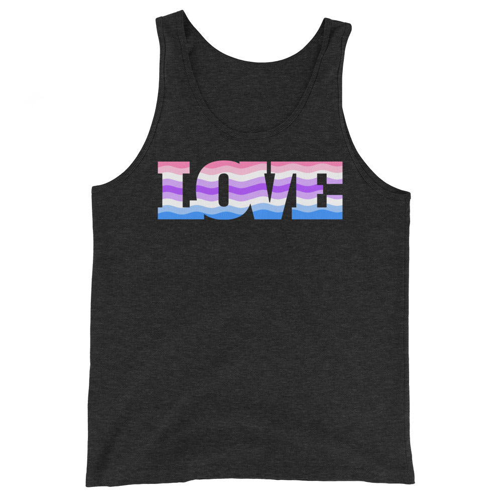 Front view of a charcoal tank top with a colorful wavy “LOVE” graphic