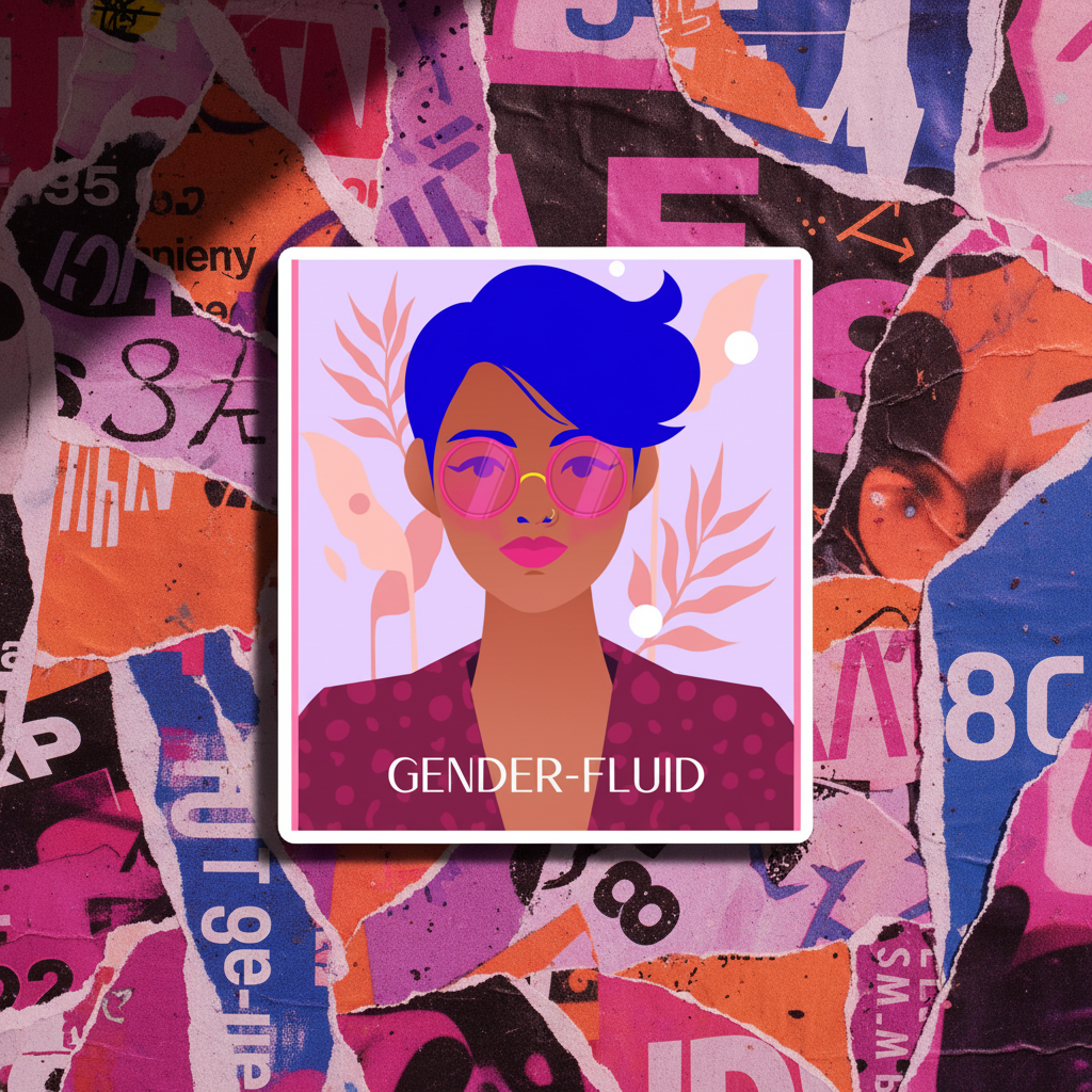 Gender-Fluid Magnet featuring a blue-haired person with pink sunglasses and burgundy shirt on torn colorful posters
