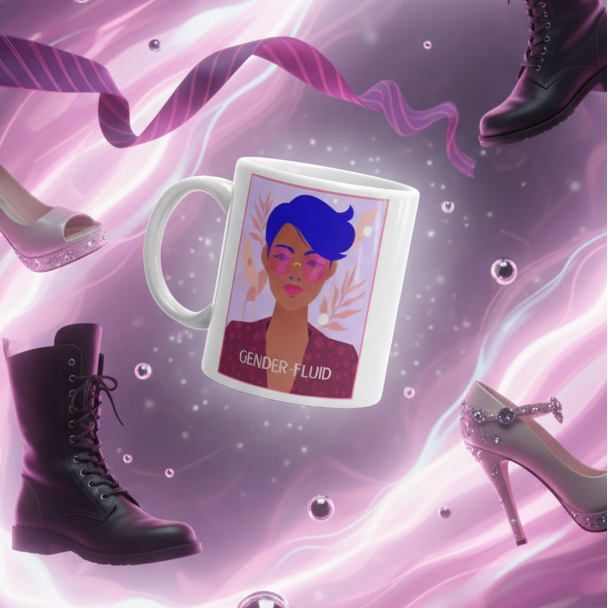 White mug with a portrait labeled “GENDER-FLUID,” surrounded by boots and pink heels