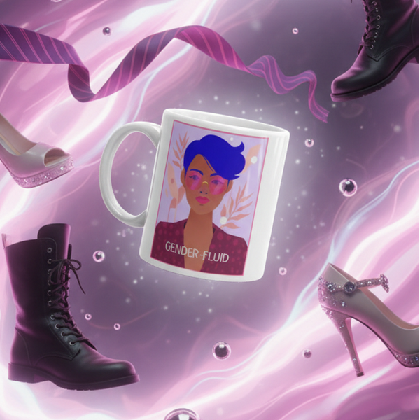 White mug with a portrait labeled “GENDER-FLUID,” surrounded by boots and pink heels