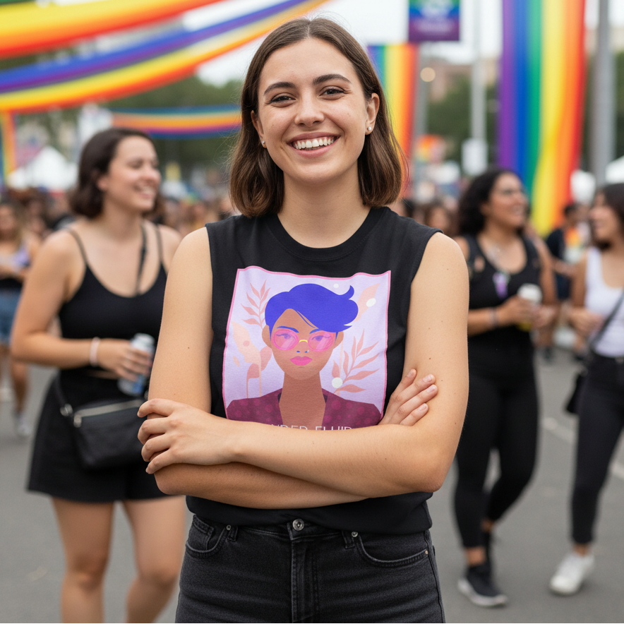 Gender-Fluid Muscle Top with an illustrated portrait, worn by a smiling person at an outdoor Pride event with rainbow