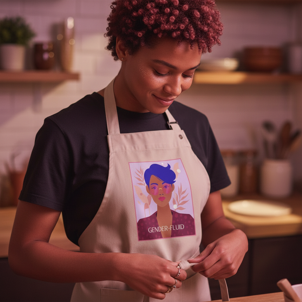 Person tying a light apron in a kitchen, with a gender-fluid illustrated portrait and text